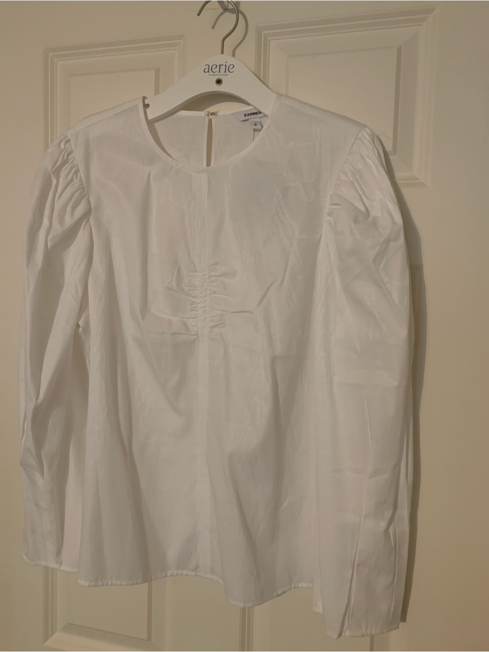 Express crisp white Long-Sleeve Puff Shoulder, ruched front Blouse